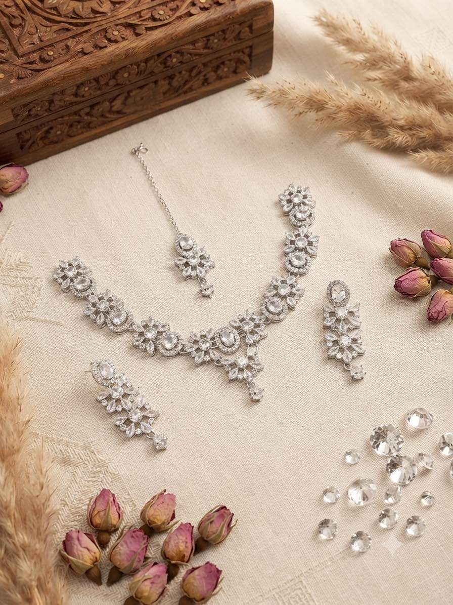 Elegant Floral Design  Stone Necklace Set with Matching Earrings and Tikka | Festive & Bridal Ethnic Jewelry set for girls and women