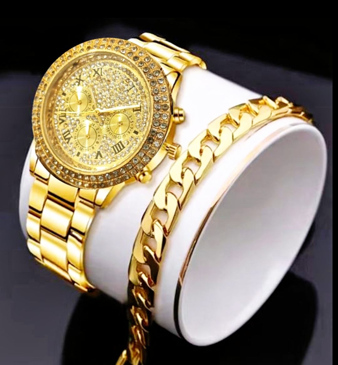 PACK OF 2 /TOP TRENDING  HIGH QUALITY LUXURY STONE WATCH WATCH DEAL-TOP FASHION GOLDEN ROUND WITH WHITE ZIRCONIA CROWN WATCH+STAINLESS STEEL CUBAN LINK HEAVY BRACLATE FOR MEN- BEST GIFT FOR WEDDING ENGAGEMENT CASUAL  WATCH DEAL FOR MEN