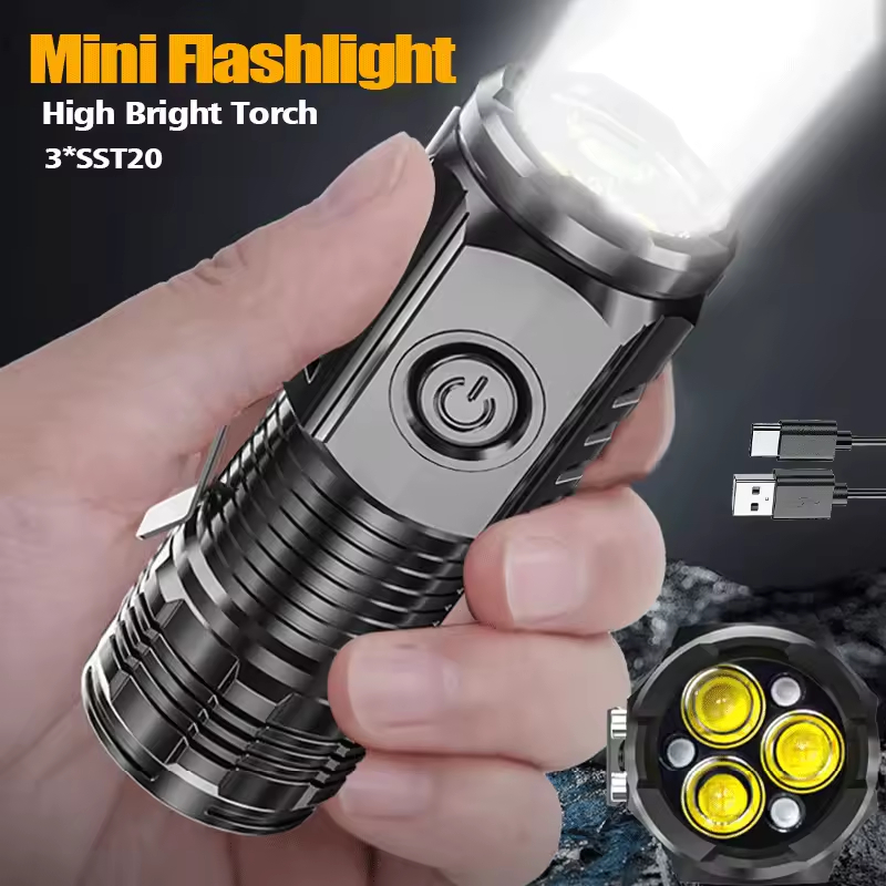 Mini Portable Outdoor Flashlight – Ultra Bright LED Torch Light with Three Eyed Design | Rechargeable Waterproof Camping & Hiking Torch for Emergency, Travel & Home Use