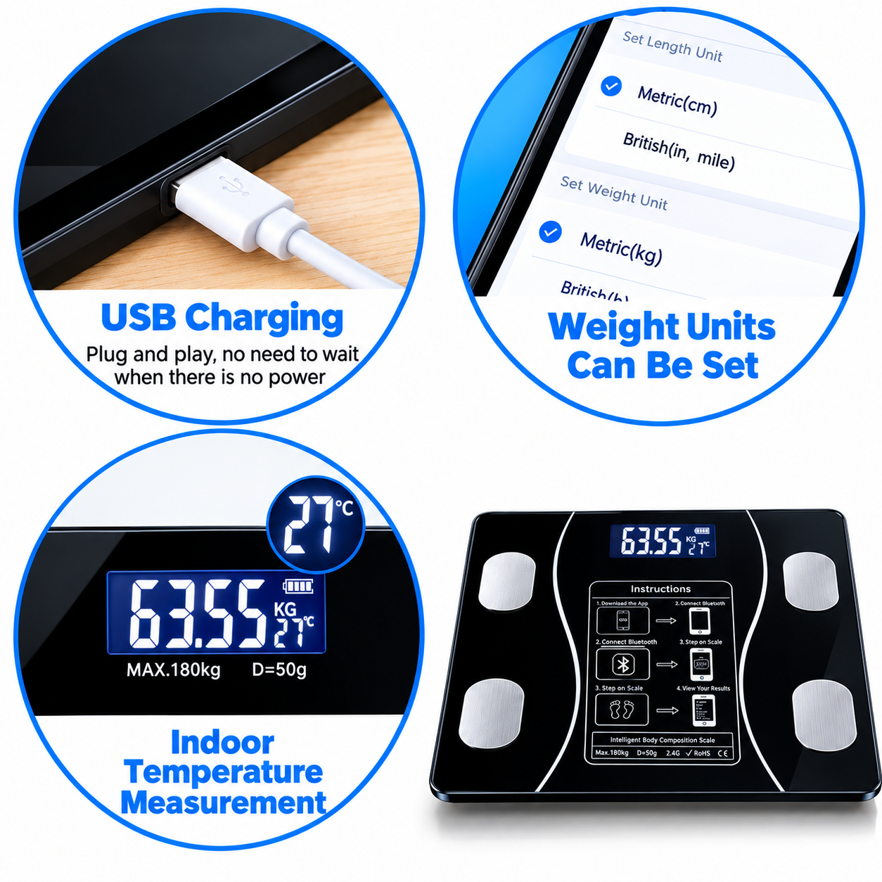 Smart Digital Body Weight Machine Scale 180KG Bluetooth Electronic Weighing Machine Scale with App Sync for Household Use - Body Fat & BMI Measurement, Bathroom Balance Scale Weight Machine For Human Body