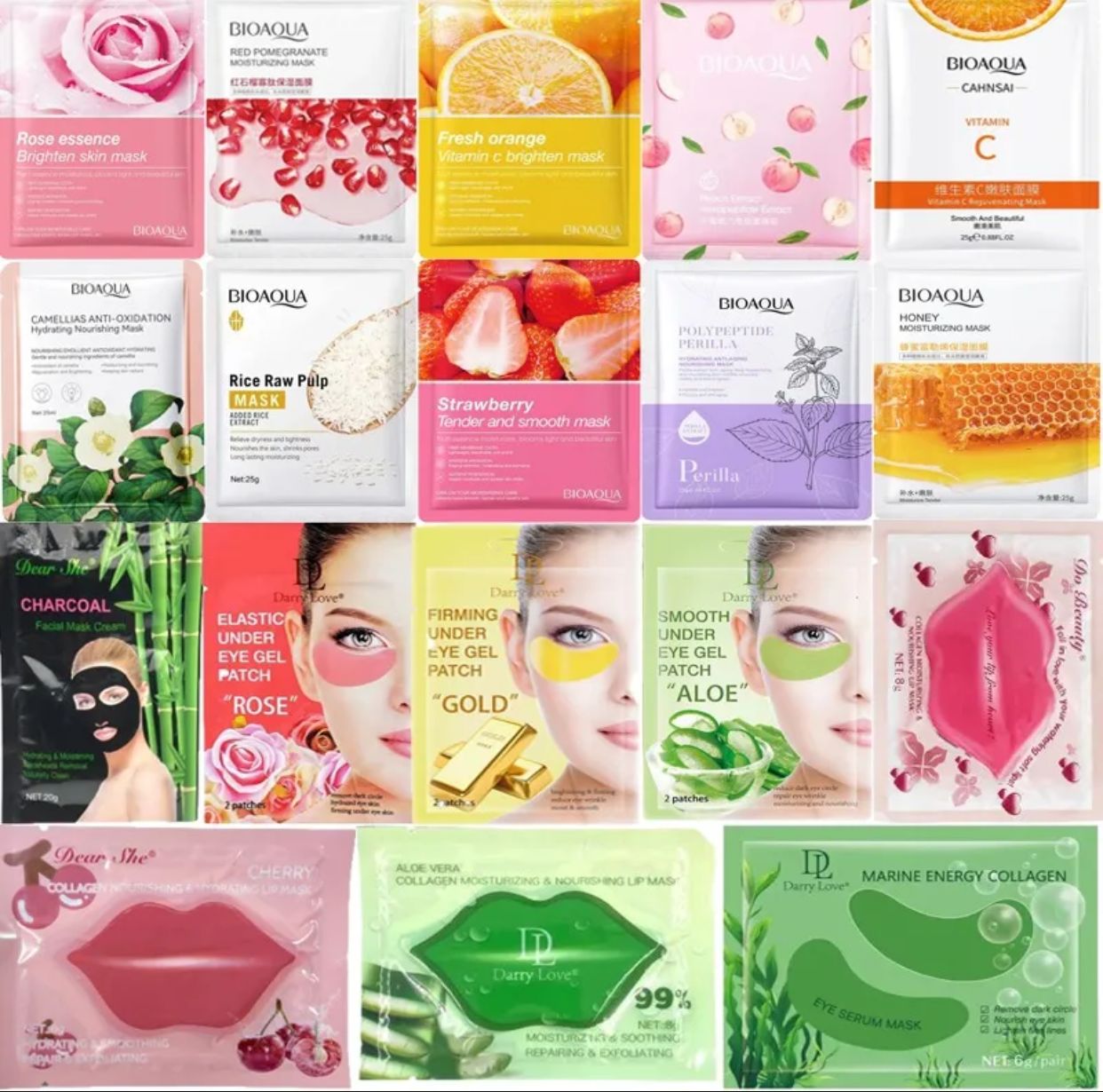 Pack of 15 Moisturizing Facial Face Sheet Mask, Lip mask, Eye mask, Hydrating, Radiance Boost, , Moisturizing, Skin Care Sheet Mask