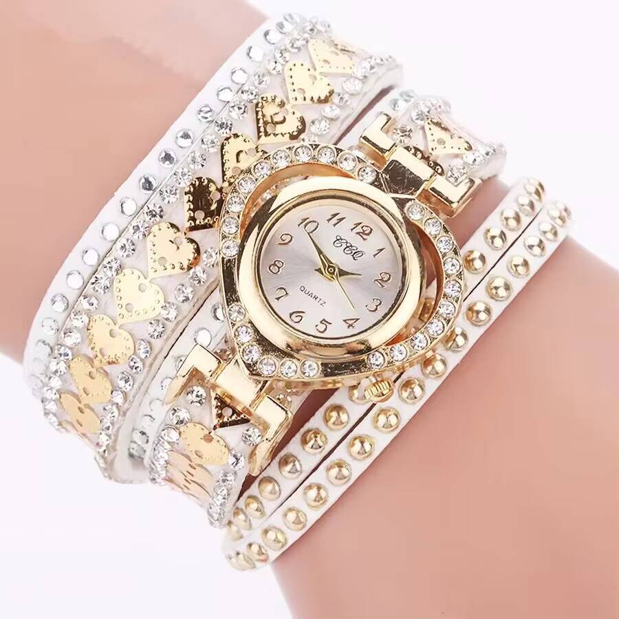 Fashion Rhinestone Heart Dial Women Watches Long Leather Strap Bracelet Wristwatch Reloj Mujer Girls Clock