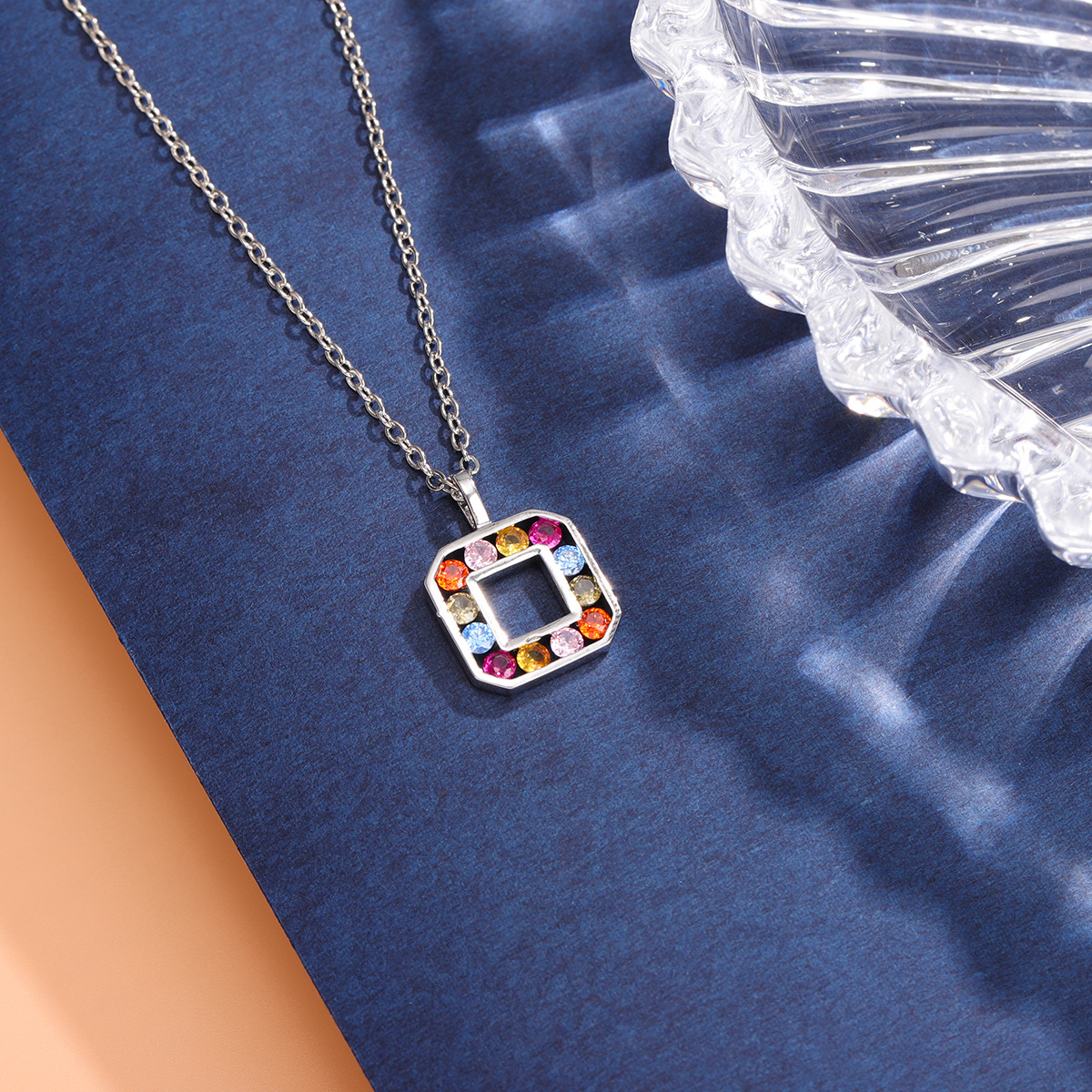 Fashion Colorful Crystal Square Geometric 925 Sterling Silver Jewelry Personality Pendant Necklaces  XL298