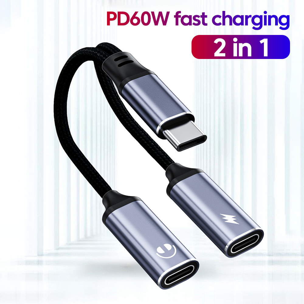 2 in 1 USB C Adapter Type-C to Type-C PD60w Charging + Type-C Audio Data Transmission Connector For Cellphones Tablet Laptop