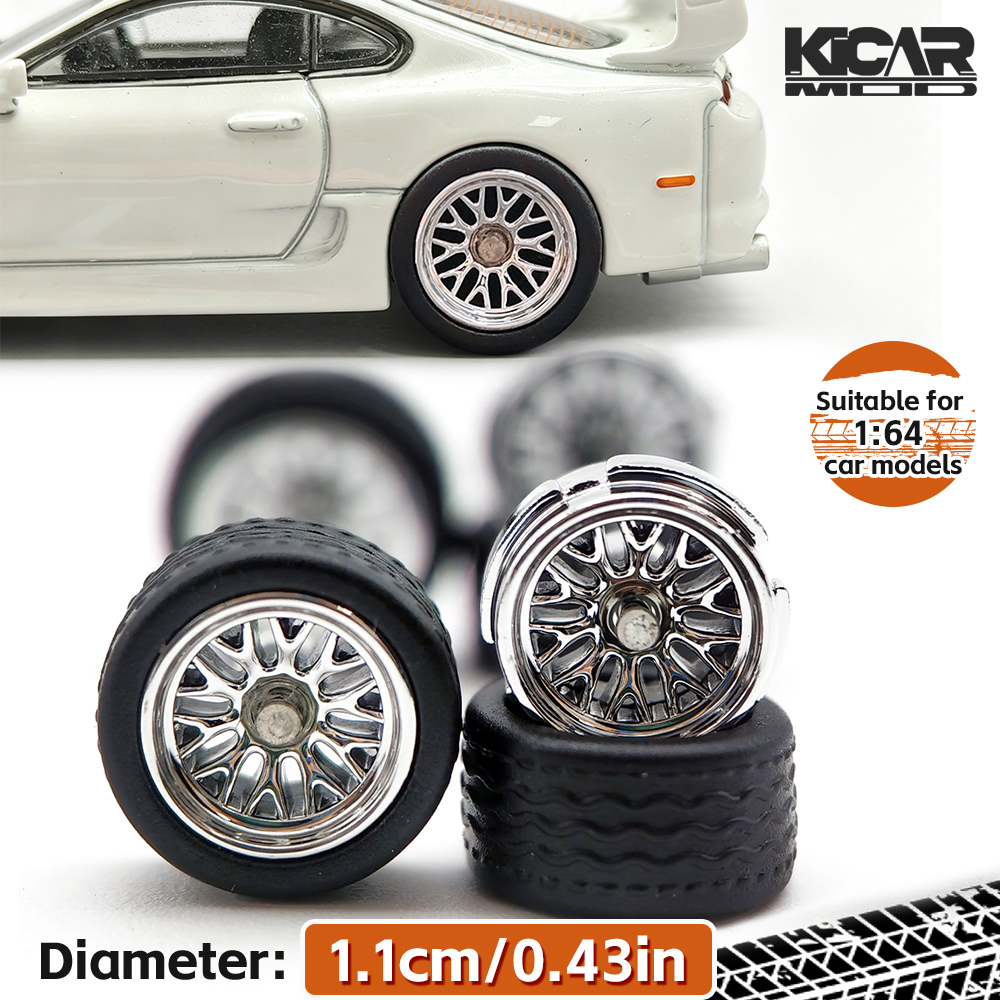 1/64 Silver Electroplated Wheels with Detachable  Tires for Advan GT Diecast Model Car Refitting - 11mm Rim Set