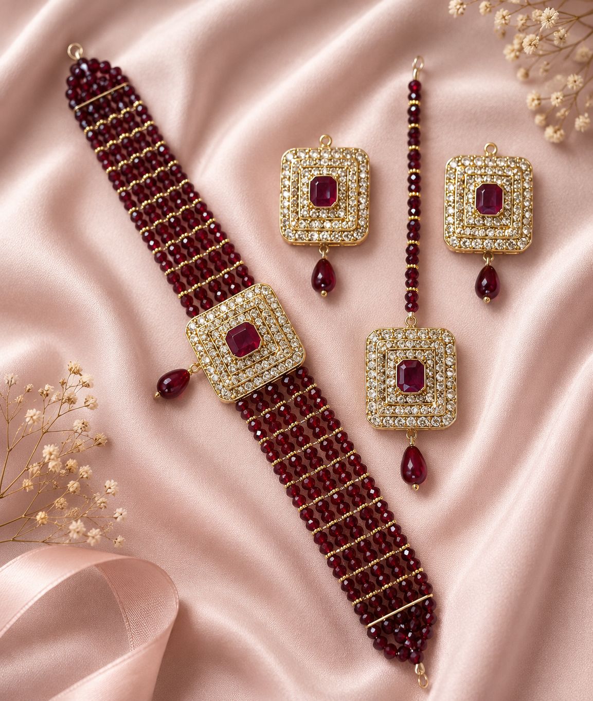 Zink Artificial Bridal Jewellery Set For Girls And Woman Article 64385 Luxury 5-Layer Crystal Choker Jewelry Set | Necklace, Earrings & Tikka