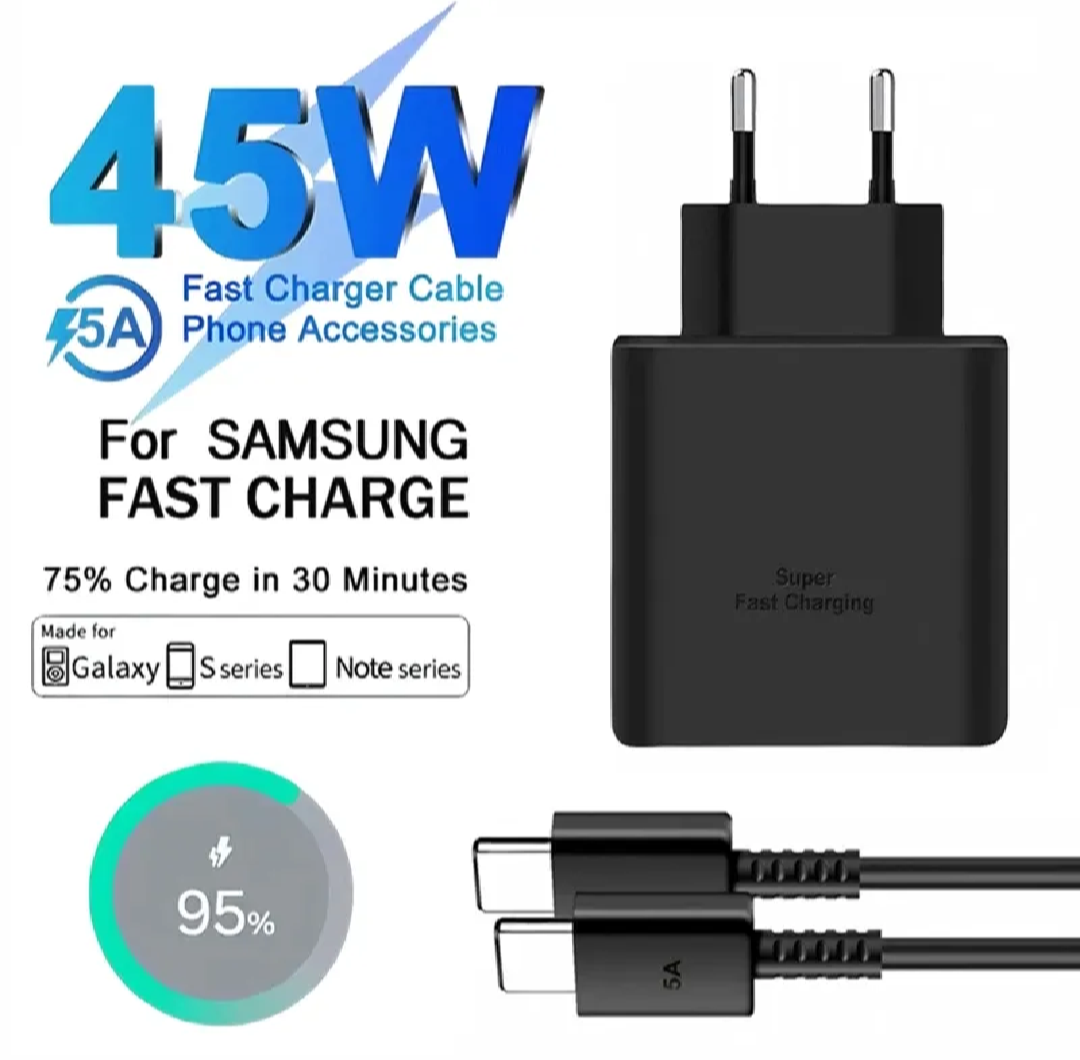 Original 45w PD 2.0 Super Fast Option Adapter With Type-C To Type-C Cable For All Androids Phones_Best For S20,S21,S22 Ultra ,A59, A32, S10, Note10,S8