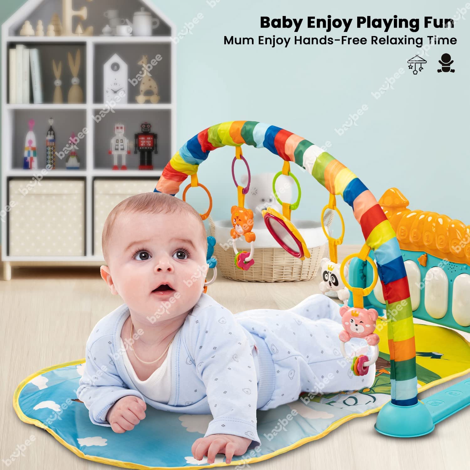 Baybee Piano Baby Play Gym Mat for Babies, Activity Playgym for Baby with Rotatable Piano & 5 Hanging Toys  Baby Bedding Set Crawling Mat  Baby Play Gym for 0 to 12 Months Boy Girl,Multicolor