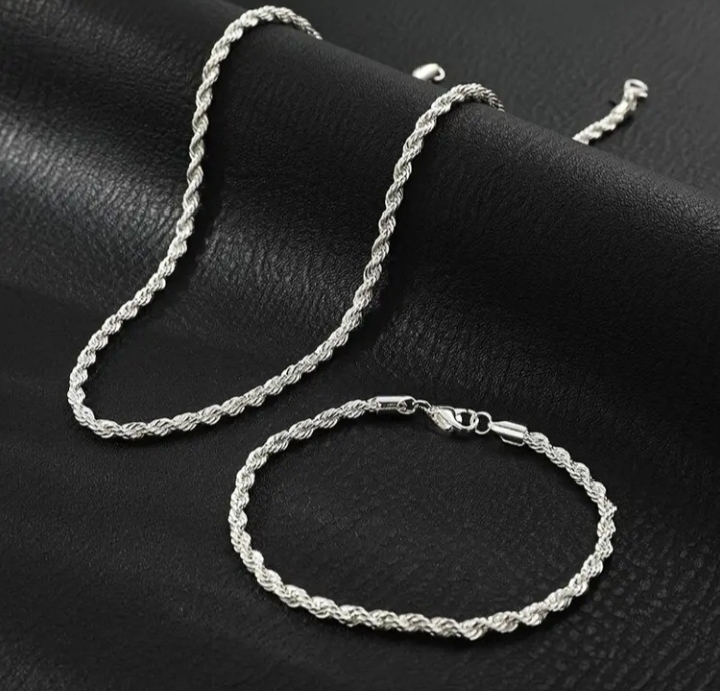 2 pieces of  Sterling Silver Twisted Rope Chain and Bracelet Set - Elegant Jewelry for Men & Women