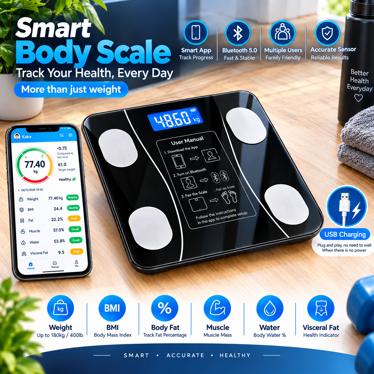 Smart Digital Body Weight Machine Scale 180KG Bluetooth Electronic Weighing Machine Scale with App Sync for Household Use - Body Fat & BMI Measurement, Bathroom Balance Scale Weight Machine For Human Body