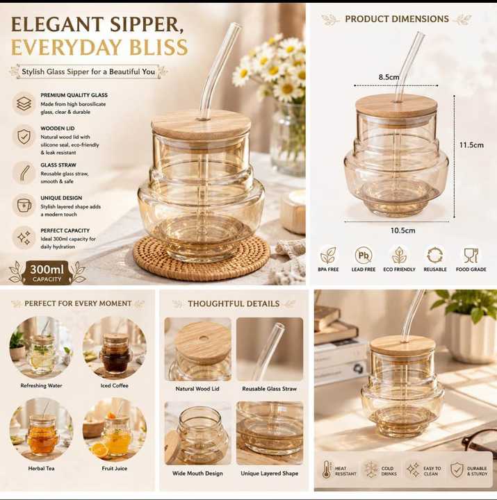 Round Shape Glass Sipper with Wooden Lid & Straw | Reusable Drinking Glass | Stylish Juice & Water Cup | Cold Drink Glass