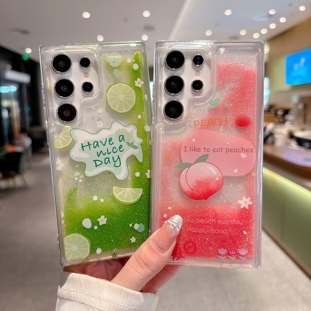 Luxury Flowing Glitter Liquid Quicksand Case For  S26 Ultra S30 S25 S24 S23 Plus Cute Peach Lemon Shockproof Clear Cover