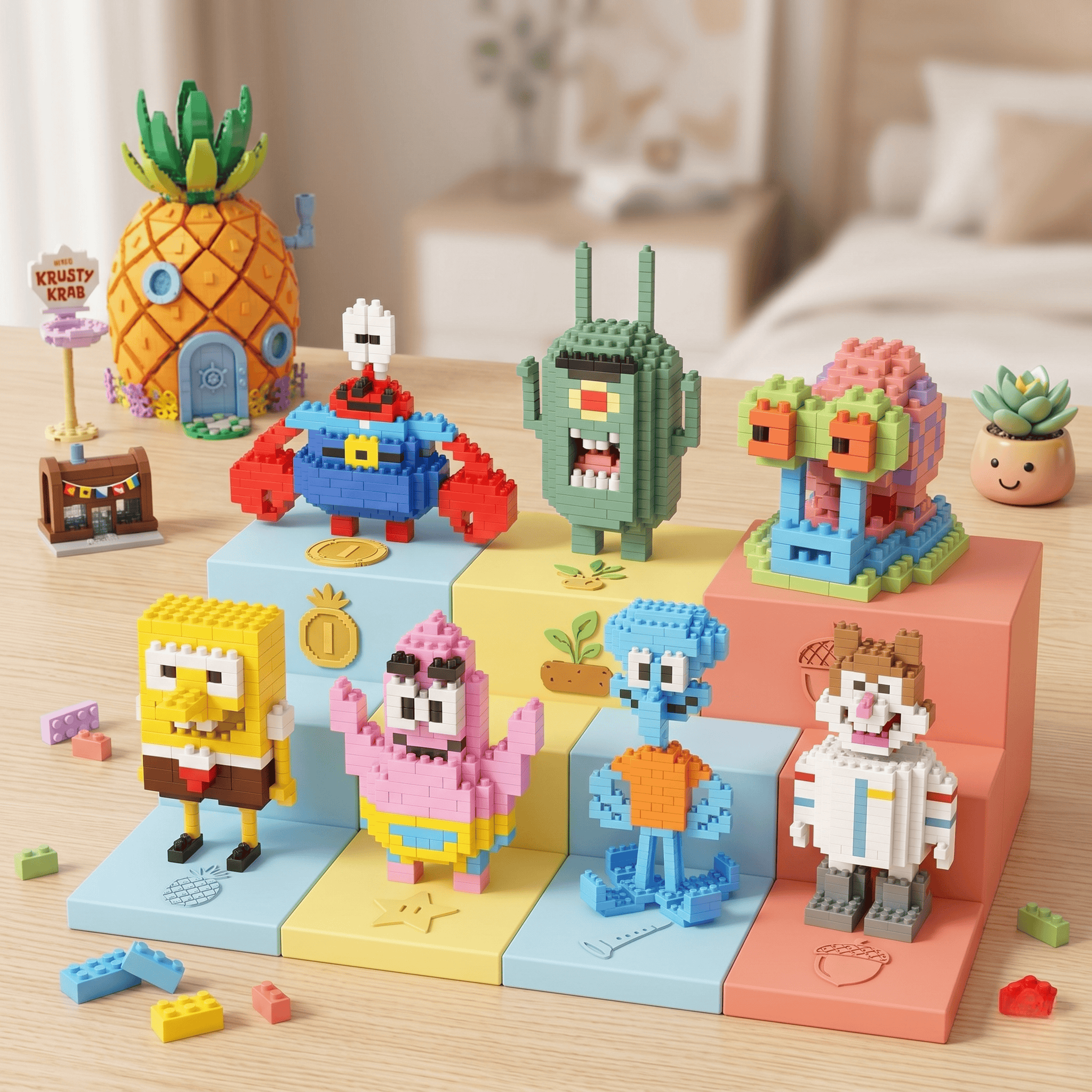 Yellow Sponge Cartoon Octopus Crab Mini Building Block Set - DIY Anime Character Brick Model for Desktop Decoration 