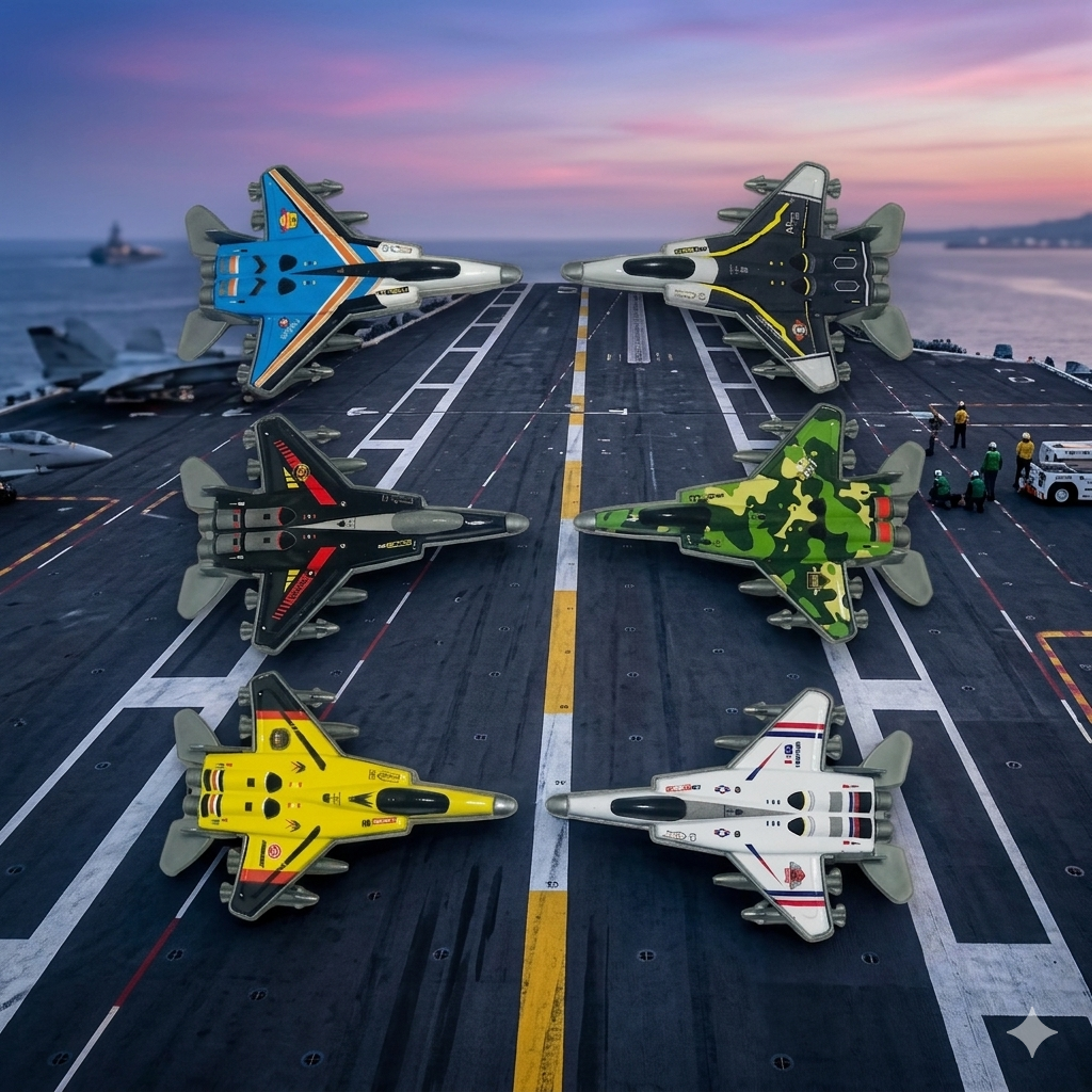 Pack of 6 Diecast Metal Fighter Jets Toy Set - High Quality Friction Powered Pull Back Aeroplanes for Kids - Miniature Military Aircraft Model Collection