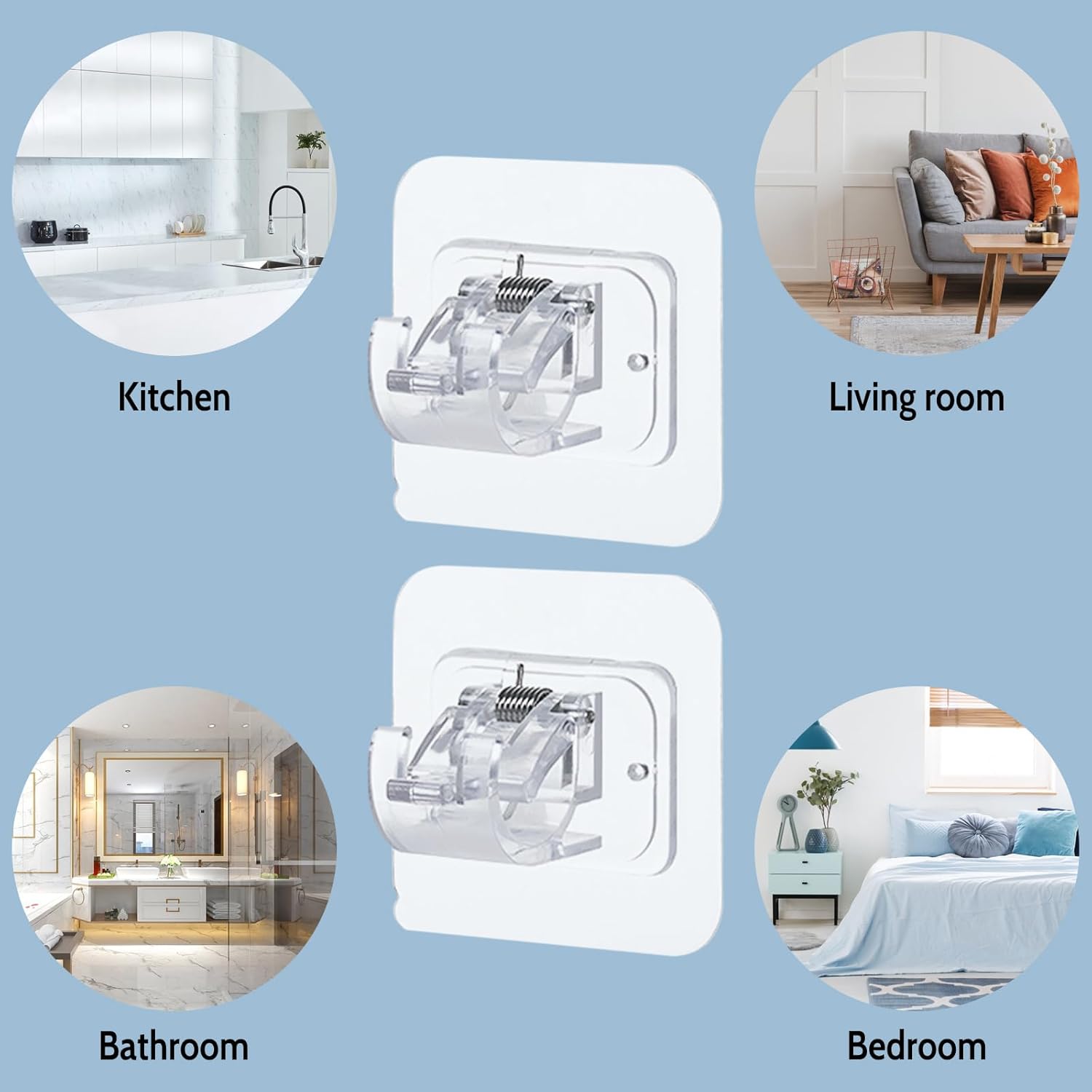 Clear Adhesive Curtain Rod Hooks – Self-Stick PVC Holders for Rods & Poles (2 Pcs)