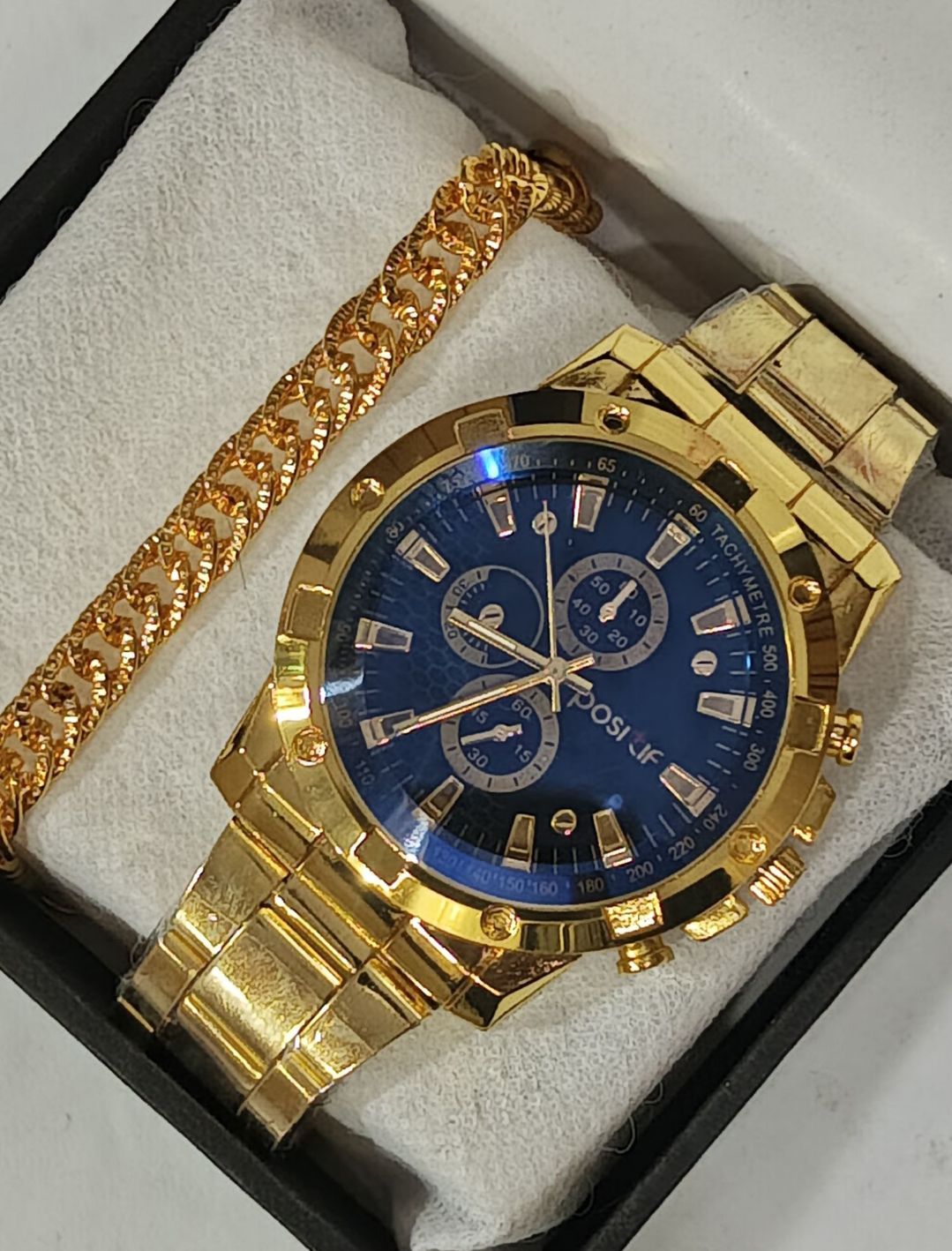 2025 Eid Special New Fashion Sun Moon Star Diamond  Men's Quartz Watch+Braclete  -Mens Steel Band Watch +Chain Braclete -High Quality Golden&Blue In  Random Dail With Stainless steel Straps Casual Watch+Chain Braclets For men