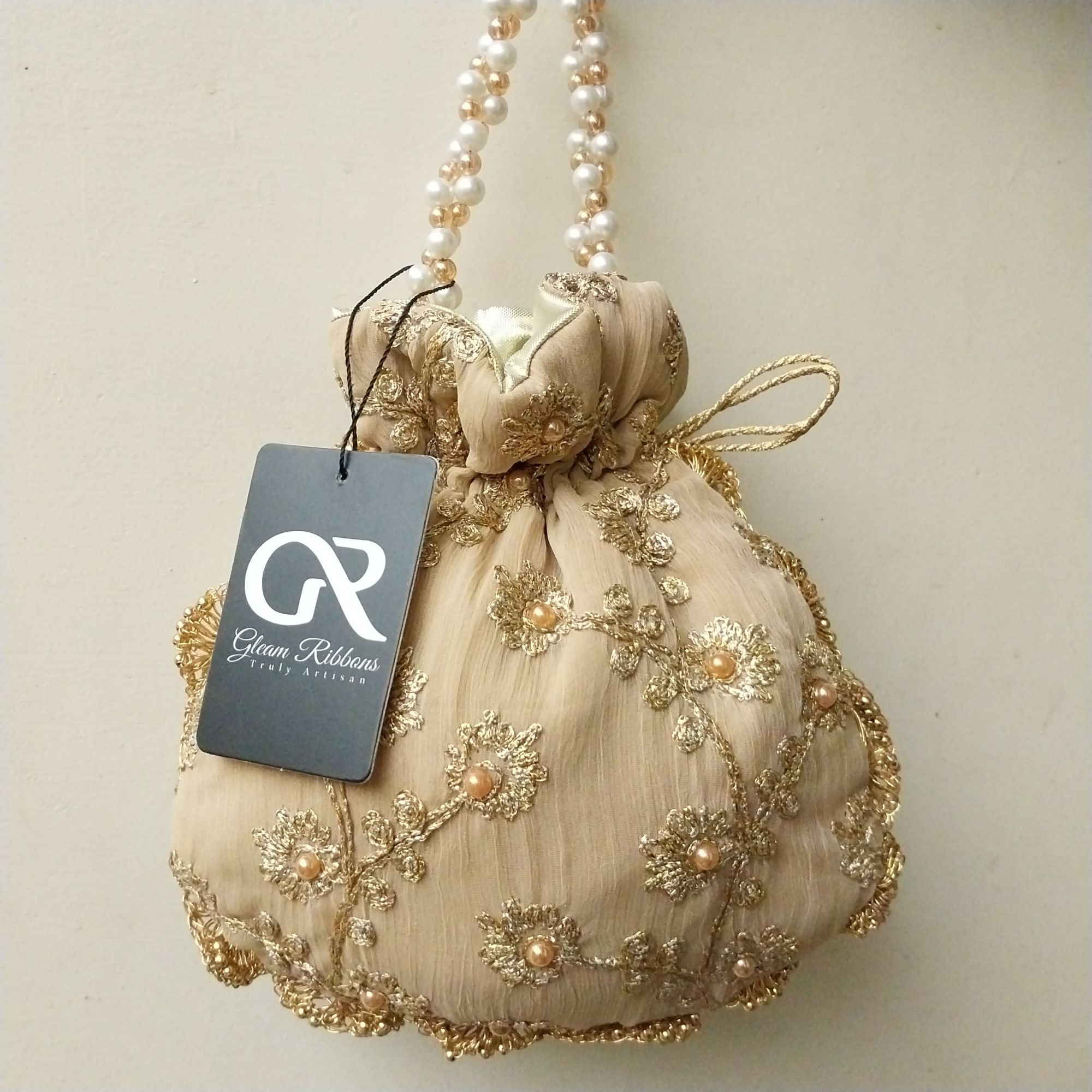 Embroidered Potli Clutch Bag with Pearl Handle for Party Wear