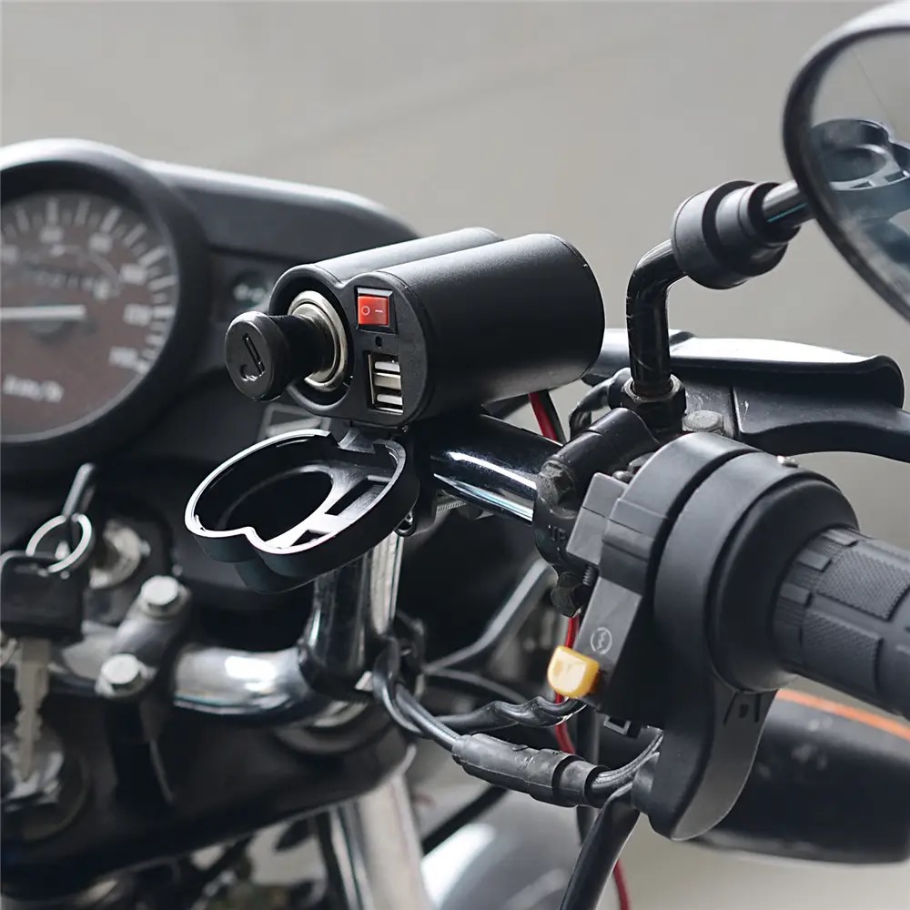 Motorcycle Dual USB Phone Charger with Cigarette Lighter, Power Adapter USB Charger Fast Charging Multipurpose waterproof can light cigerette 2-in-1.