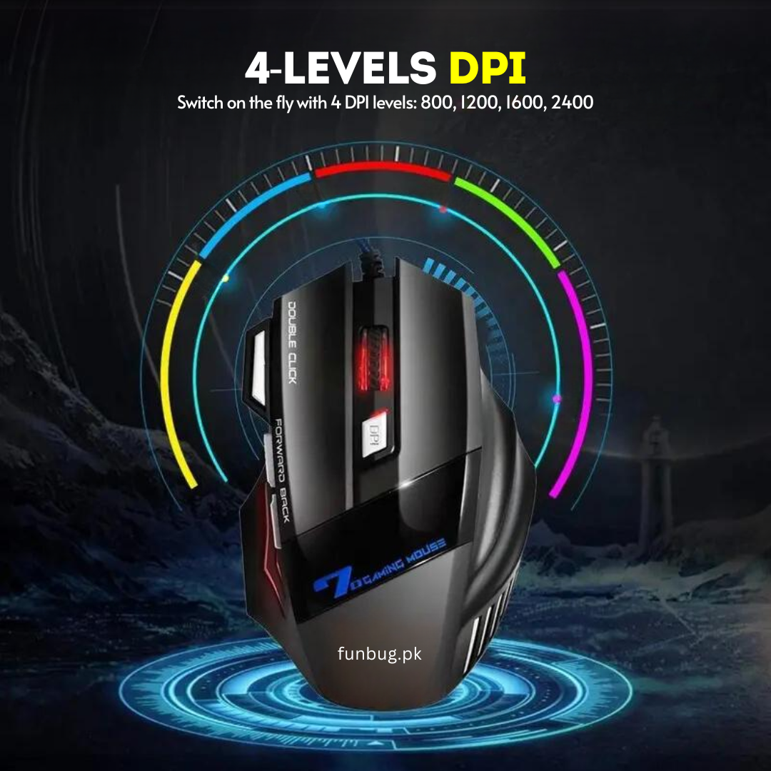 FunBug 7 Buttons Sports Mechanical Wired Gaming Mouse RGB with 4-Levels DPI Control - 7 Light Wired USB Optical Mouse with Side Buttons - Mouse with Pad for PC, Laptop, Computer, Gaming, Pubg Mobile