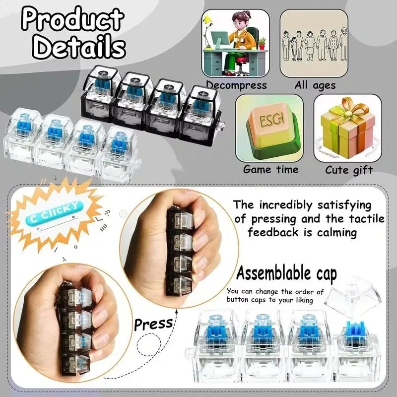 /LED Keyboard Keychain Fidget Toy Crystal Clicker Sensory Toy for Stress Relief Keyboard Keychain Fidget Gadget for Adults Kid*-
