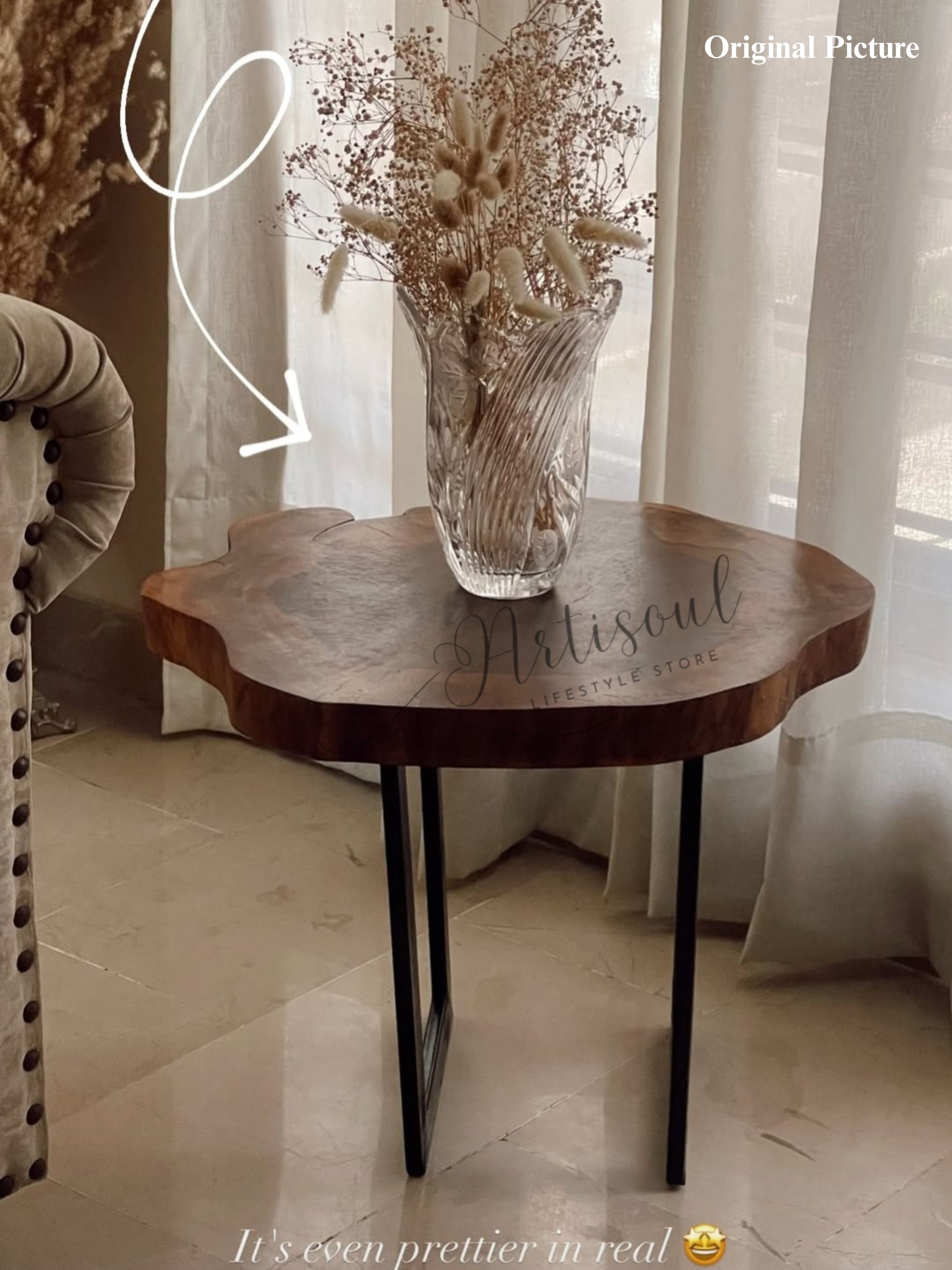 Small Round Side Table | Sofa Side Table & Bedside Table | Natural Live Edge Sheesham Wood | Metal Hairpin Legs | Drawing Room Corner Accent Table | Rustic Handmade Pakistan