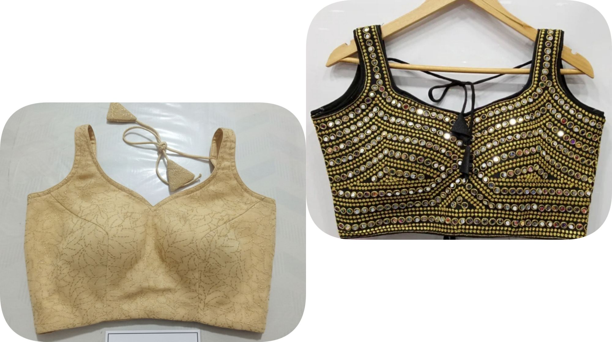 Women’s Designer Readymade Saree Blouse – Padded Crop Top with Back Hook & Tie Dori (Black Mirror Work & Gold Self Pattern)