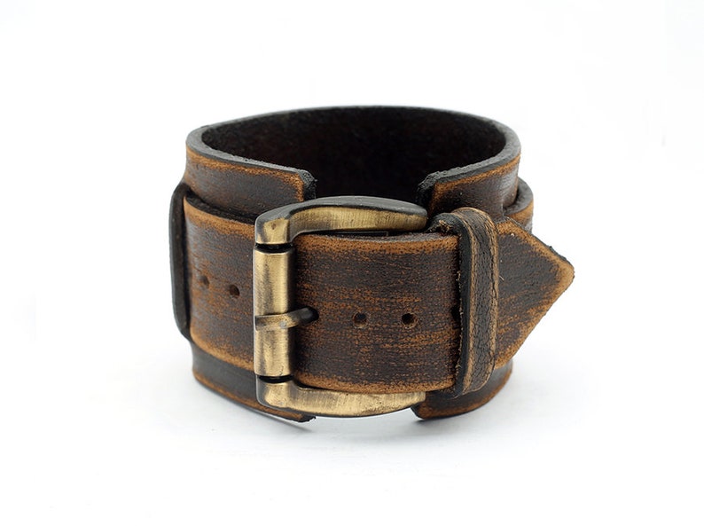 Brown leather cuff, Large buckle leather bracelet, Men cuff, Leather wristband gift, Men leather bracelet, Brown leather