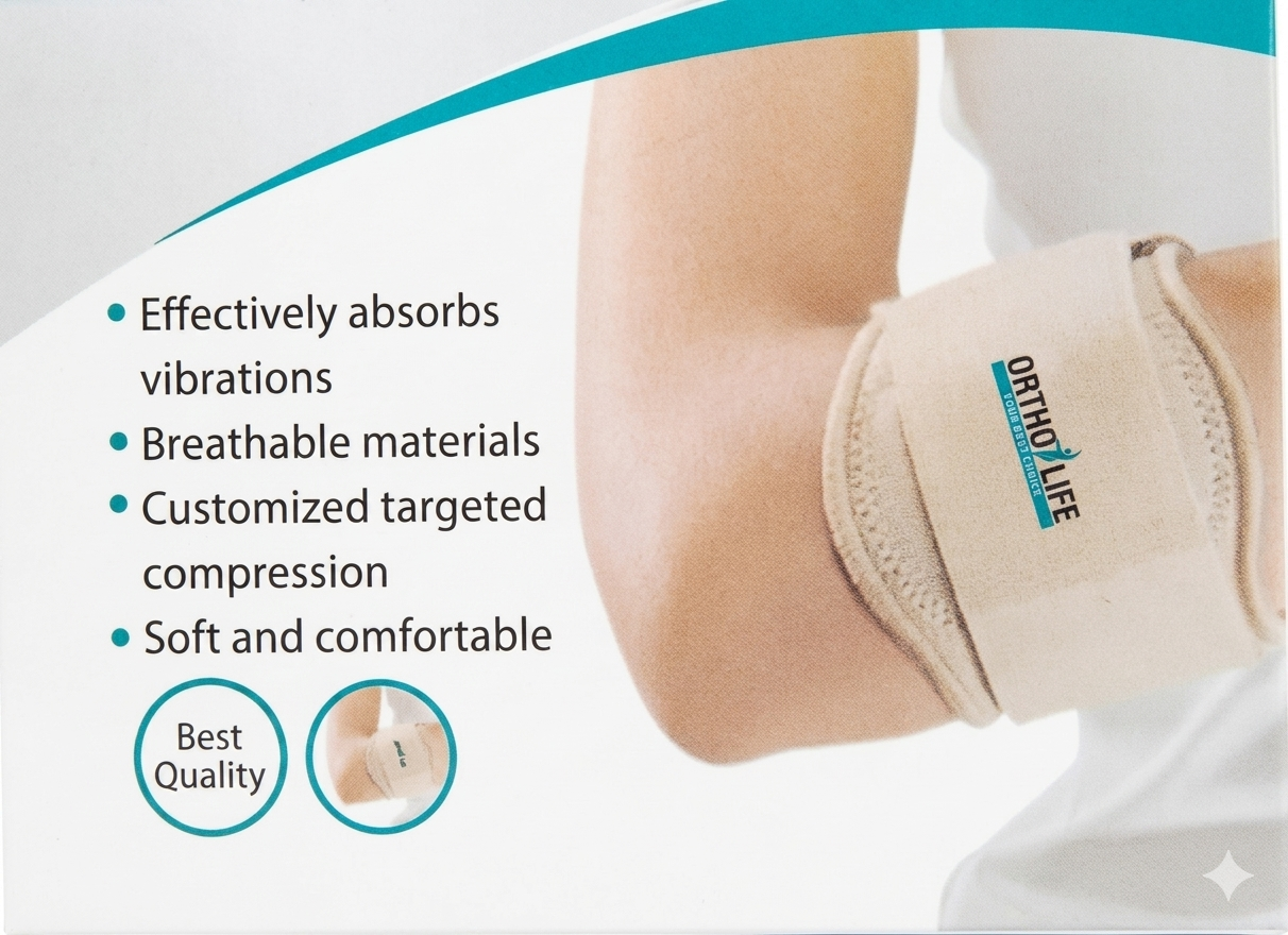 Ortho Life Tennis Elbow Support Band for Men & Women - Premium Breathable Elbow Brace with Targeted Compression Strap for Sports, Gym, & Daily Joint Protection