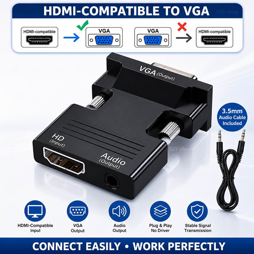 HDMI to VGA Adapter HD 1080P With Audio Cable Converter with 3.5mm Audio Cable for PC Laptop TV Box Computer Monitor Projector