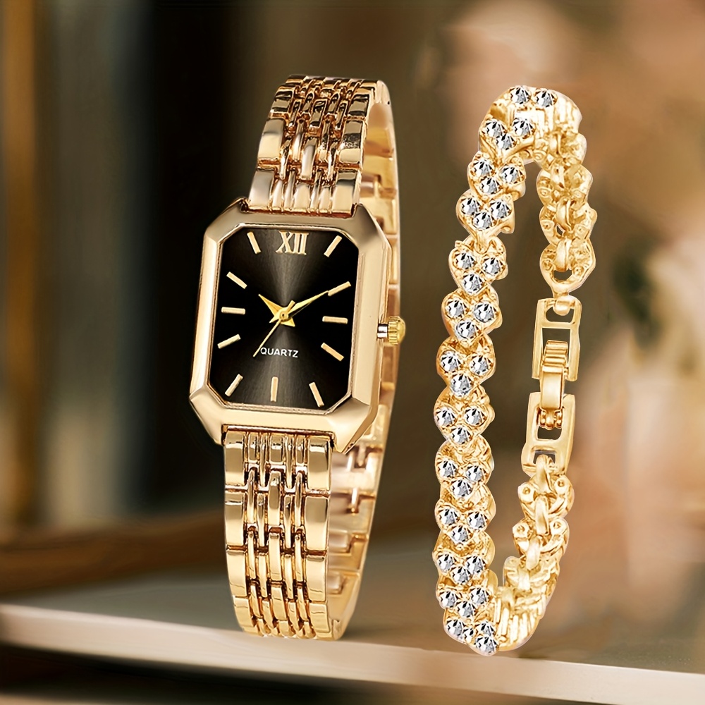 2PCS Fashion Rectangle Women Quartz Watch Rhinestone Bracelet Set Roma Dial Ladies Wristwatches Girls Clock Reloj Mujer