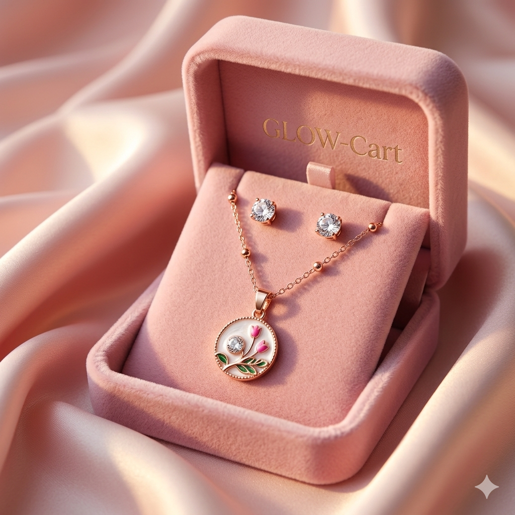 Elegant Floral Pendant Necklace Set for Women – Rose Gold Metal Pendant with Stone Earrings| Jewellery for girls | necklace set