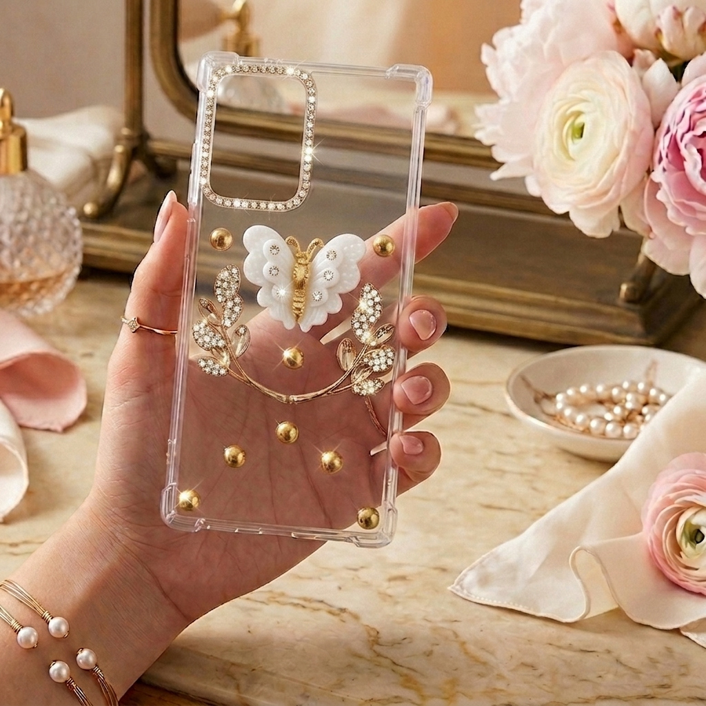 Samsung A52 Cover for Girls - Ladies Fancy Back Cover  -   LeafWhiteButterFlyCZN - Stylish Fancy Girls Mobile Back Cover Pouch Case - Leaf Stones & Diamond White Butterfly - SamsungA52