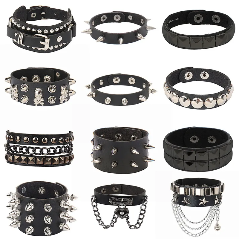 90s Heart Gothic Spike Bracelet Adjustable Punk Rock Bracelet Black Studded Faux Leather Bracelet for Men Women 