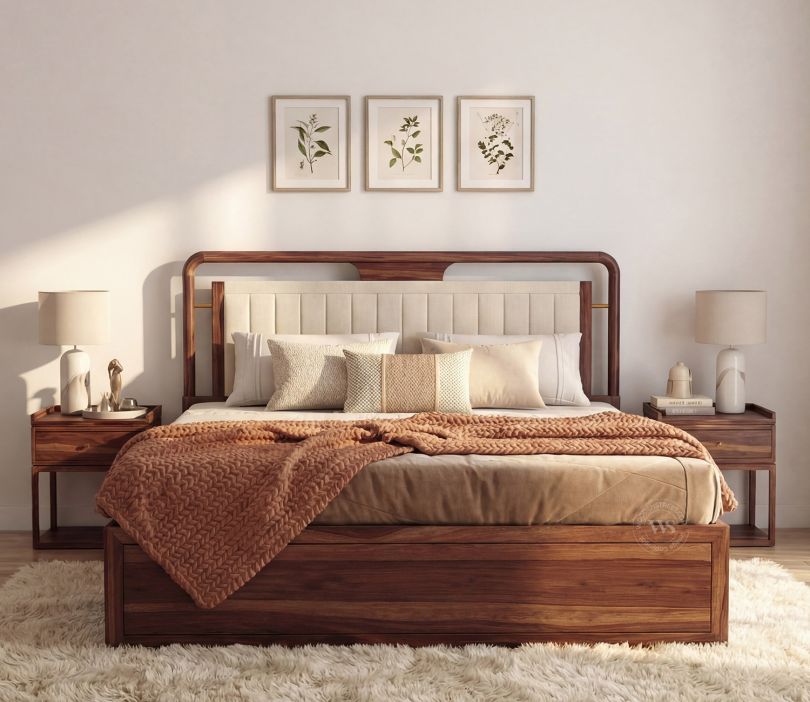 Sheesham Wood Bed with Upholstered Headboard & One Side  Drawer Storage (King Size, Jade Ivory, Teak Finish)