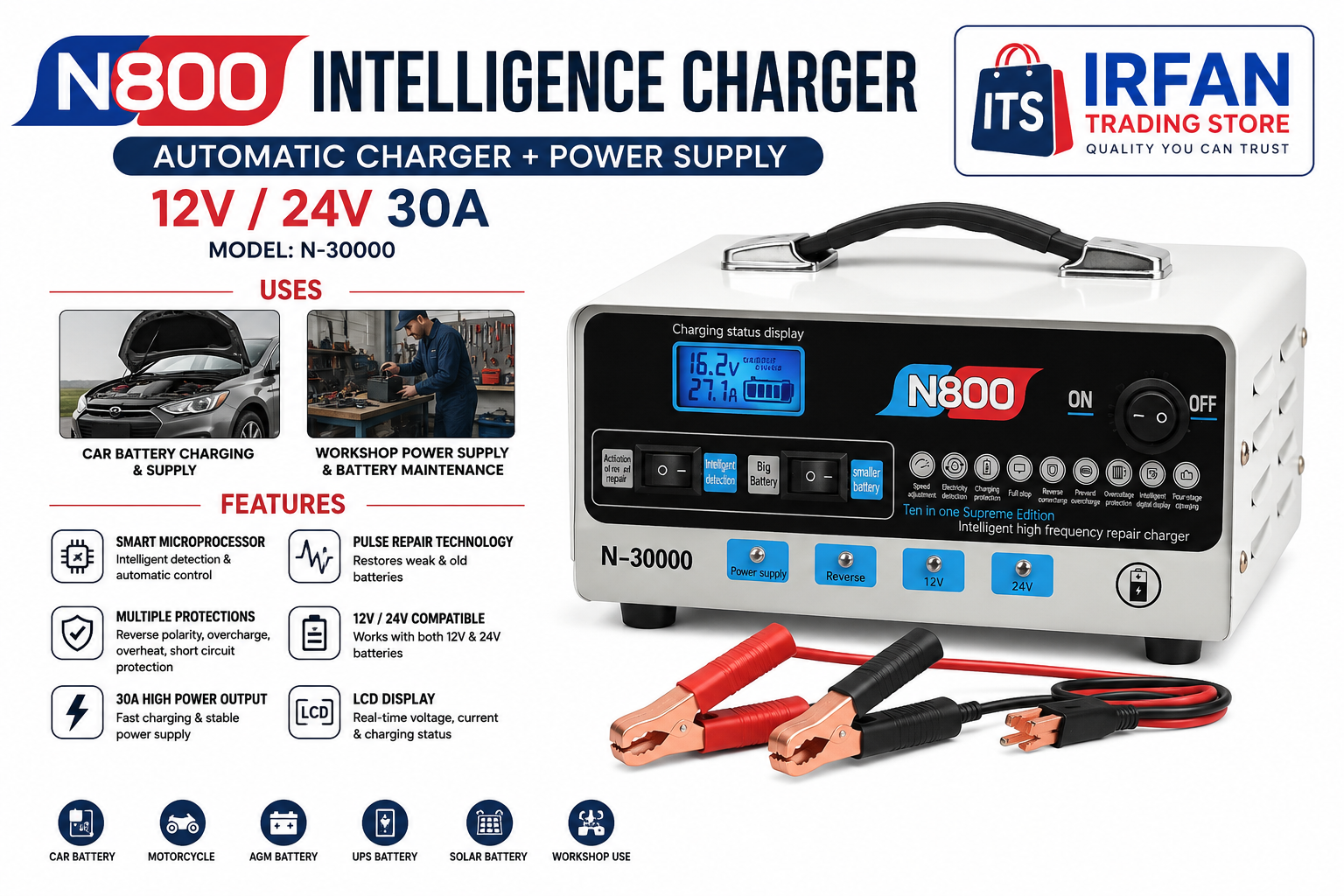 N800 30A Intelligent Battery Charger & Power Supply | 12V/24V Automatic Smart Charger | LCD Display | Pulse Repair | Car, Truck & Solar Battery Charger | Model N-30000