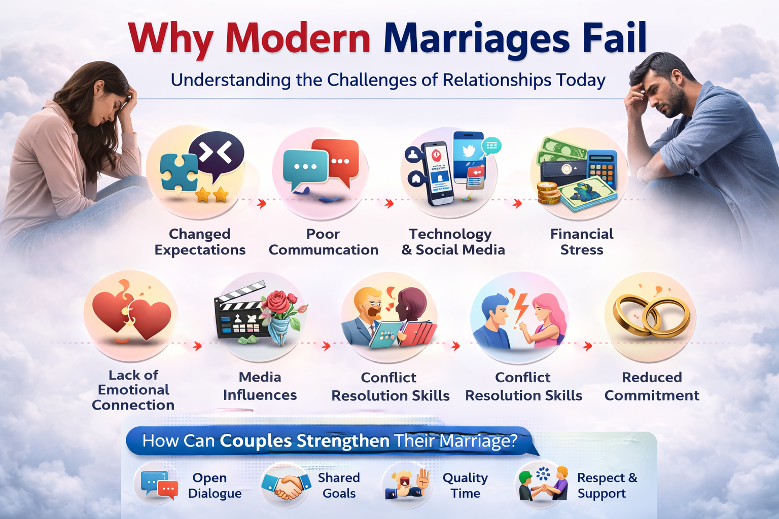 Why modern marriages fail infographic showing relationship problems like communication issues financial stress and social media impact
