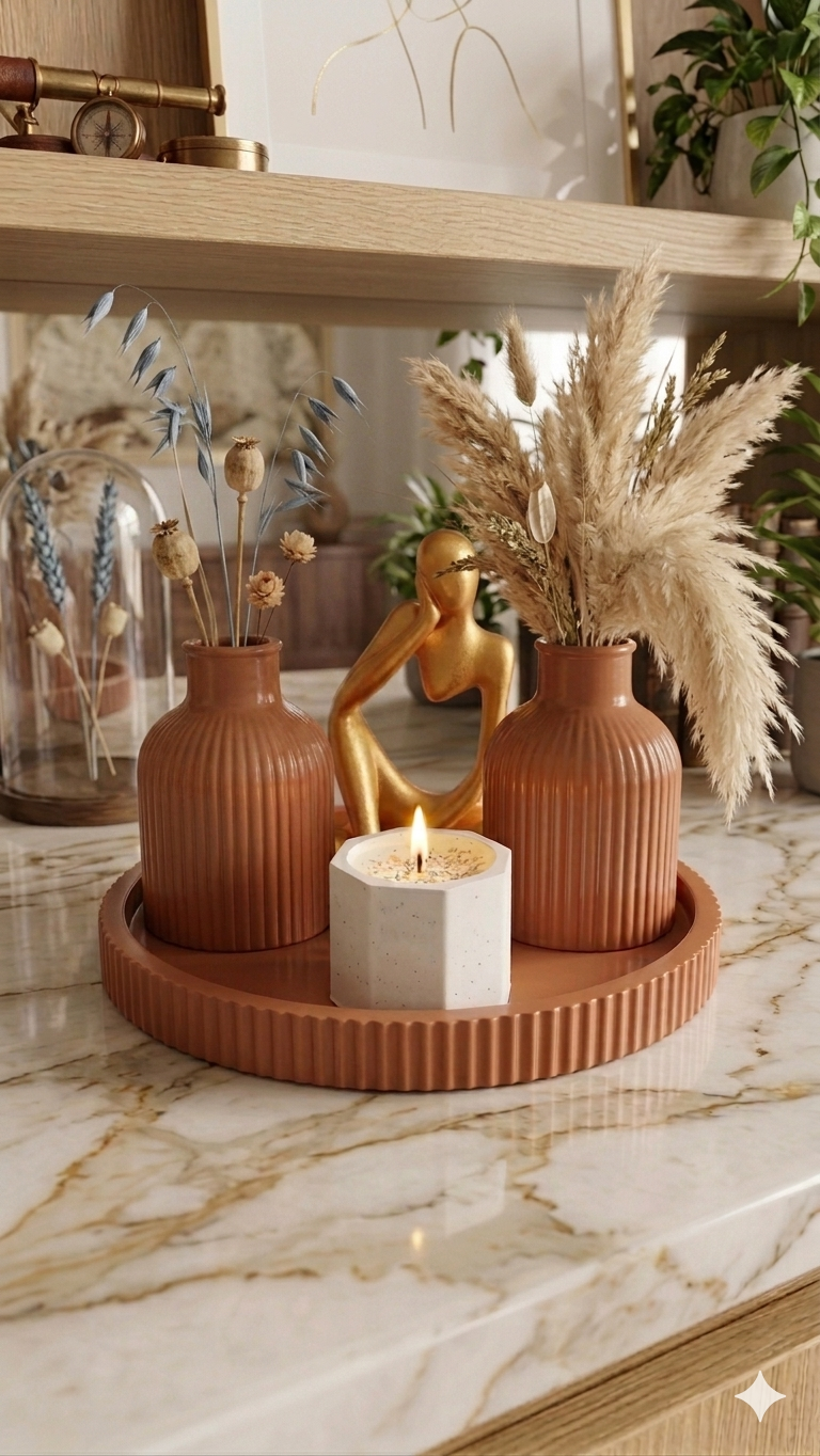 5 PCs Set 2 Vase, Thinker Statue, Candle Cup & Round Cut Tray