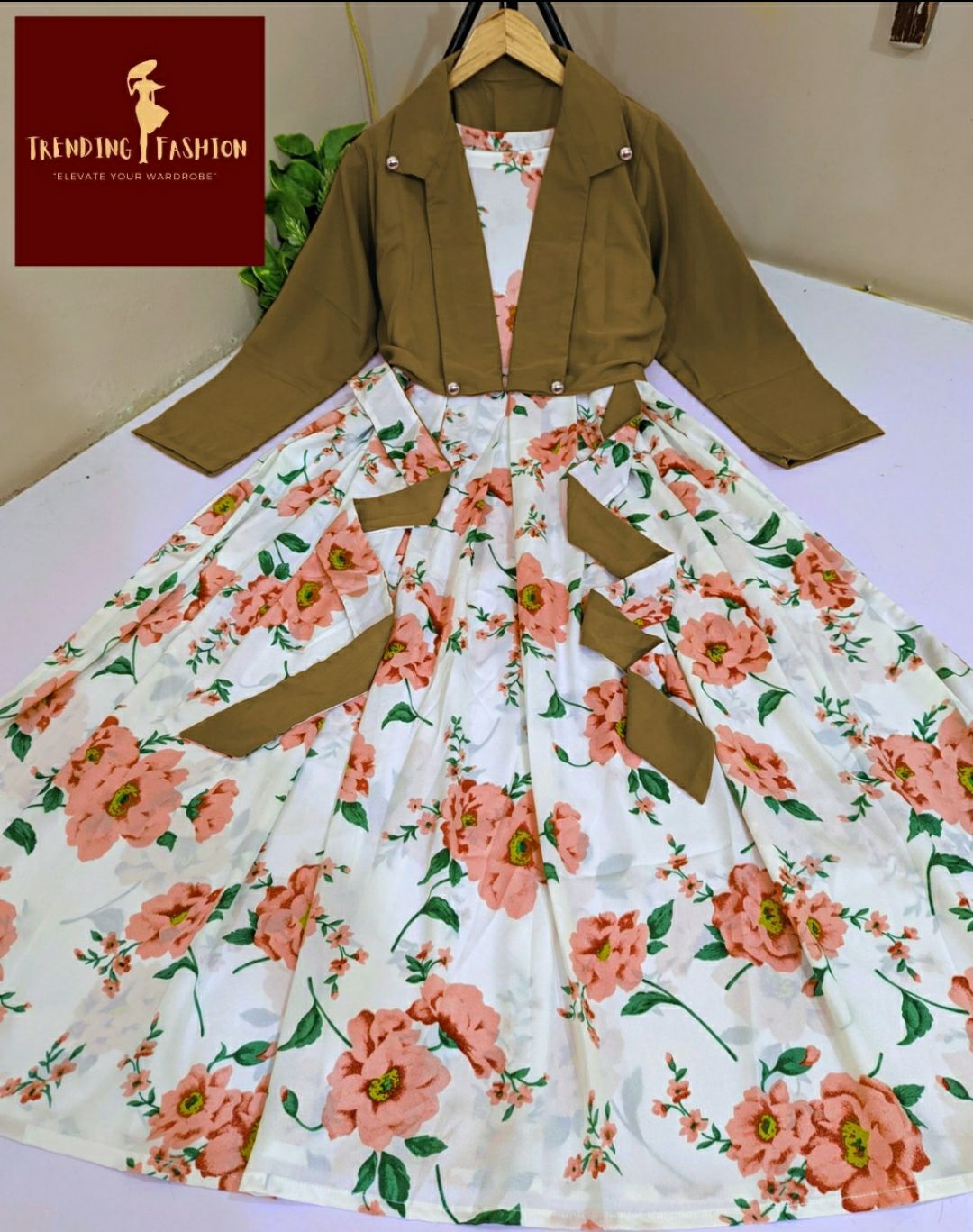 Jacket Style Maxi. Long Maxi with Jacket. Digital Printed Long Flare SleeveLess Belt Attached Maxi With Cotton Koti 2Pcs