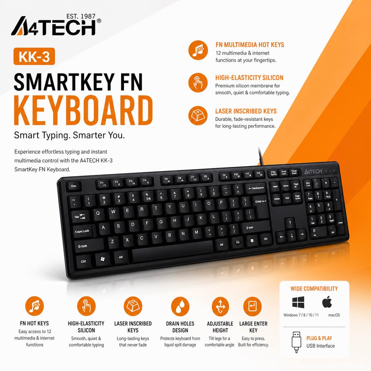 A4TECH KK-3 SmartKey FN Keyboard – USB Wired Multimedia Keyboard with Silent Soft Keys | Durable Laser Printed Keys | Windows & Mac Compatible