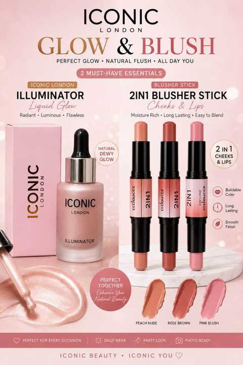 Iconic London Liquid Highlighter & Doucce 2in1 Stick Blush | Face Highlighter & Cream Blush Makeup Combo | Glow Makeup