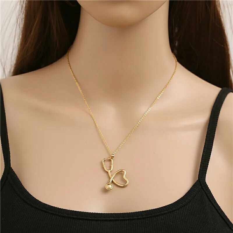 Fashion Stethoscope Pendants Necklaces For Women Men Stainless Steel Gold Silver Color Chain Pendant Heartbeat Necklace Jewelry
