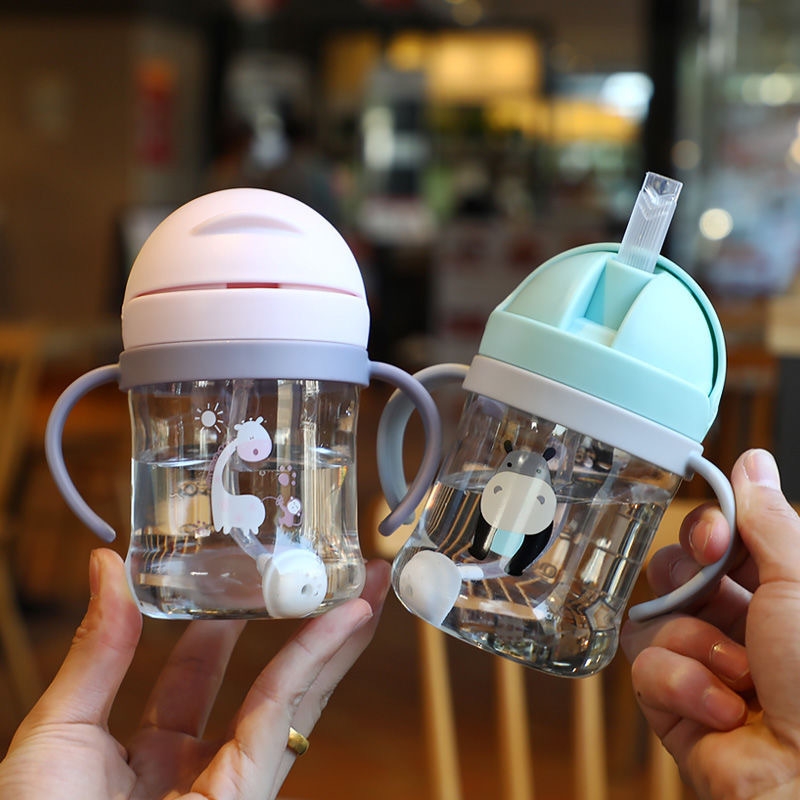 Drinking Cup with Straw, Anti-Choking Handle, Water Bottle, Unbreakable and Leak-Proof, Learning Drinking Cup
