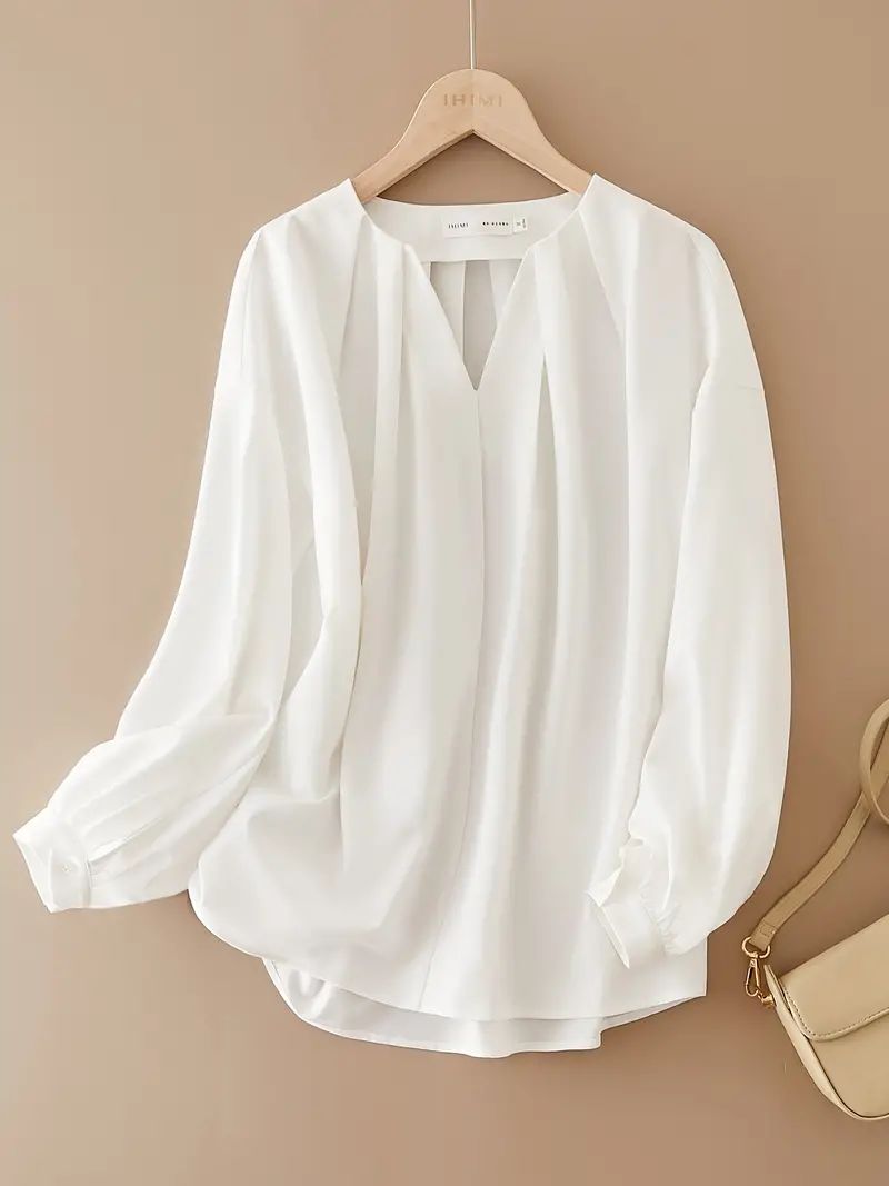 Solid Long Sleeve V Neck Blouse Shirt For Women Wear