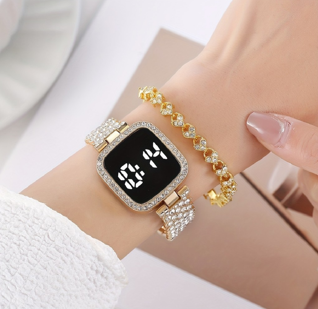 Stylish Women’s Luxury Diamond Watch – Stainless Steel Band LED Touch Electronic Watch