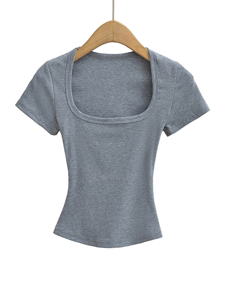 Women's Square Collar Slim Fit Crop Top High Stretch Short Sleeve Pullover  Summer Blouse T-shirt Bottoming