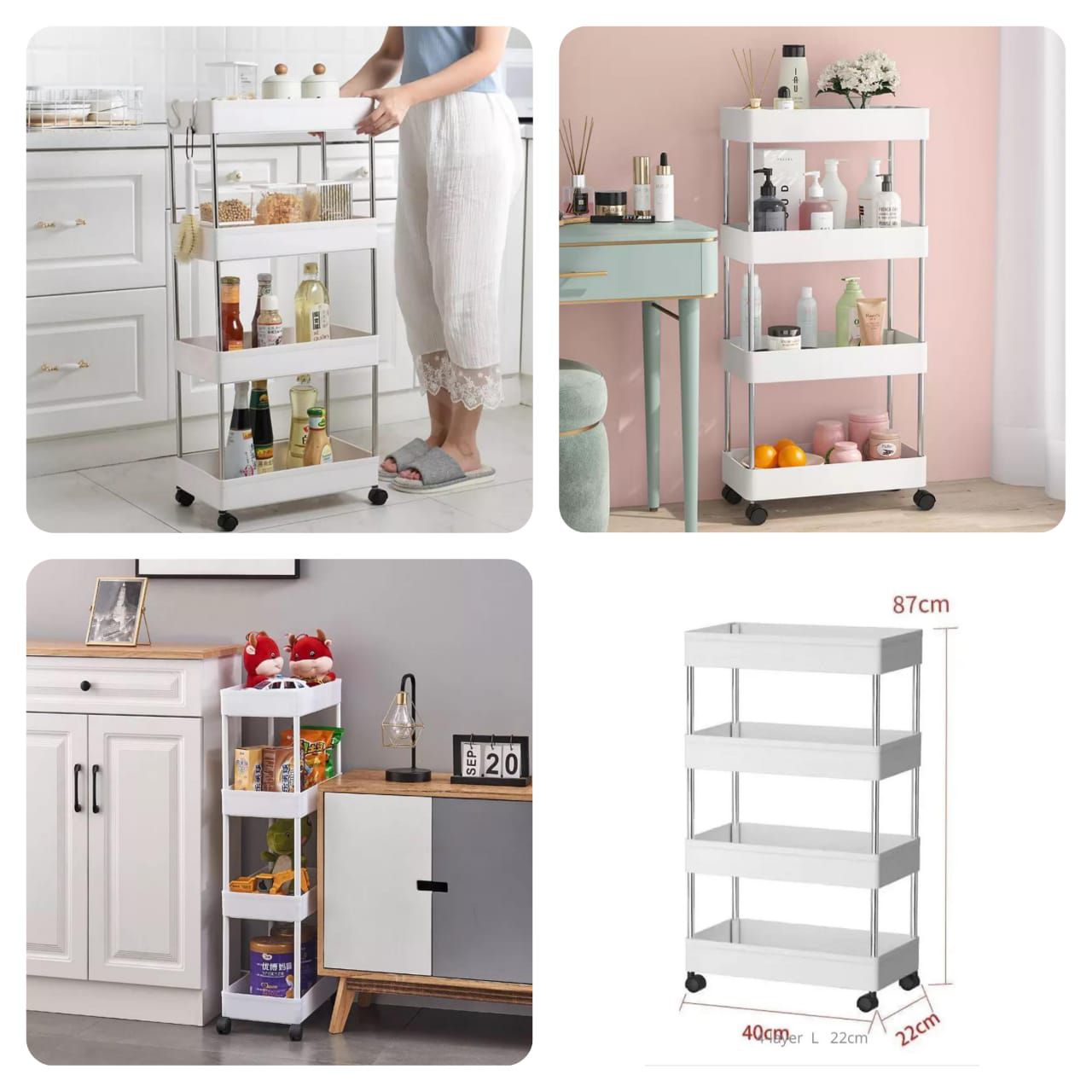 4 Layer ABS Plastic Rolling Utility Cart Slide Out Narrow Kitchen