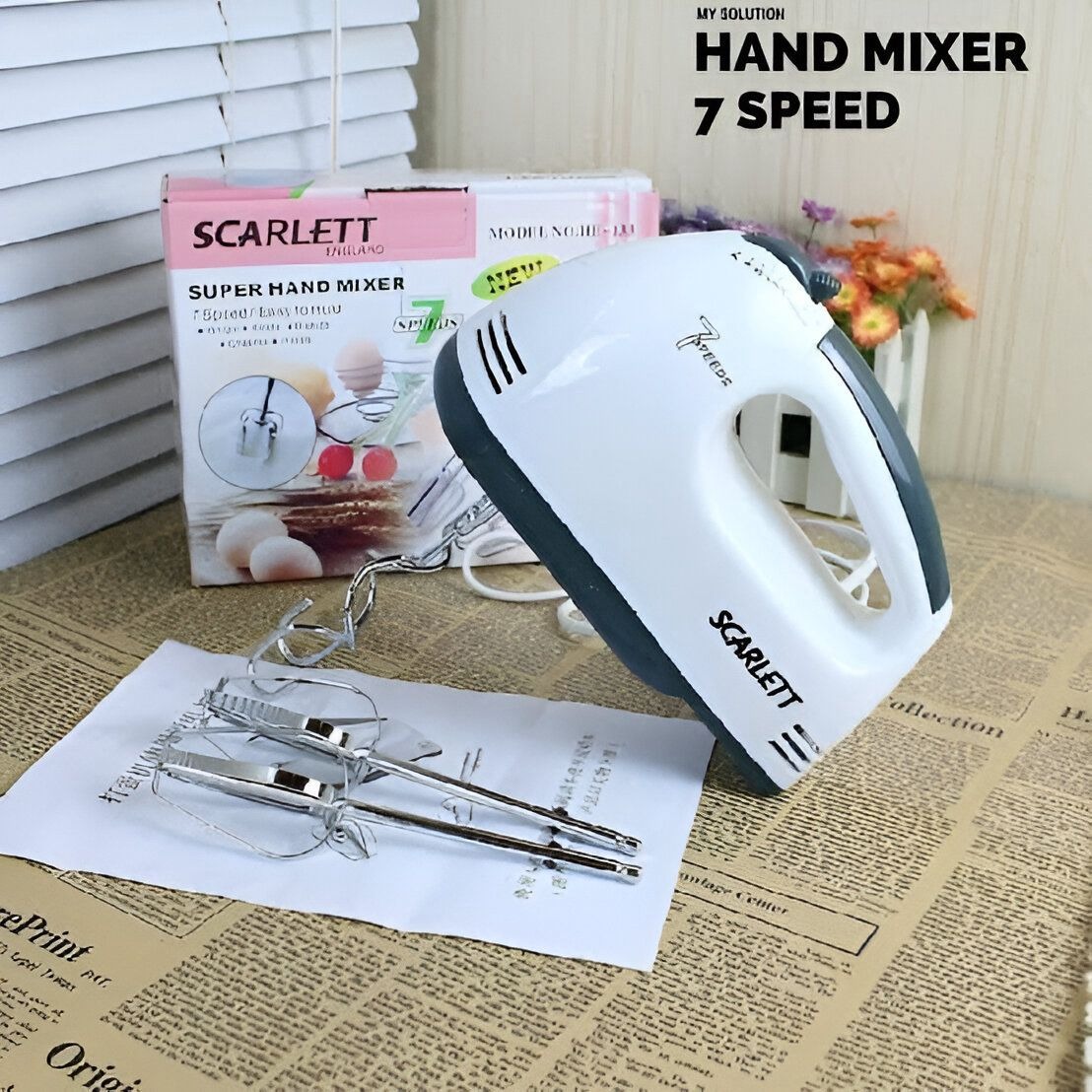 Electric Scarlett Hand Mixer with 7 Speed Egg Beater and Chrome Beater + Dough Hook