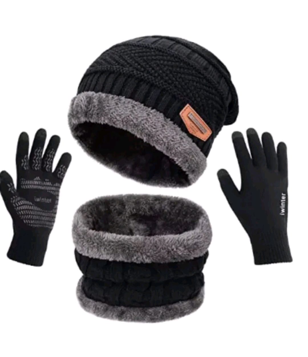 3 Pieces Winter Beanie Hat Scarf Set and Touch Screen Gloves Warm Thick Knit Fleece Lined Skull Cap for Men Women | Winter Knitted Beanie Cap with Neck Warmer Scarf and Woolen Gloves Set for Men & Women | Cap, Scarf ,Gloves, topi, Hat, Caps