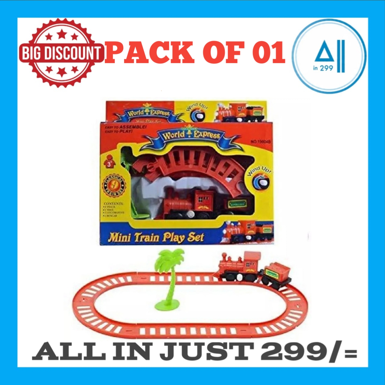 Mini Train Play Set For Kids - 1 Locomotive, 6 Track, 1 Boxcar & 1 Tree