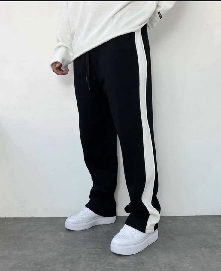 Men's Black Wide Leg Trouser with White Side Stripe